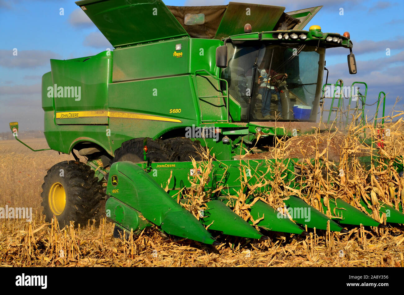 November 7, 2019  Rural Burleigh county in South central North Dakota. Farmers using combines and related machinery harvest this years corn crop. Stock Photo