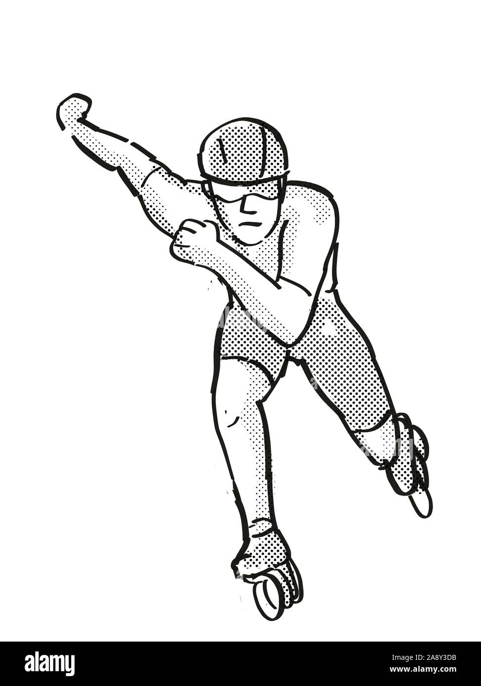 Retro cartoon style drawing of an athlete skater inline speed skating on  isolated background done in black and white Stock Photo - Alamy