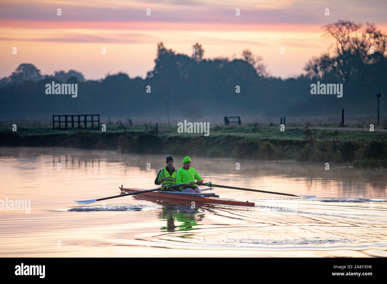 Picture dated November 9th shows rowers out on the River Cam in Cambridge at sunrise on a cold frosty Saturday morning. Stock Photo