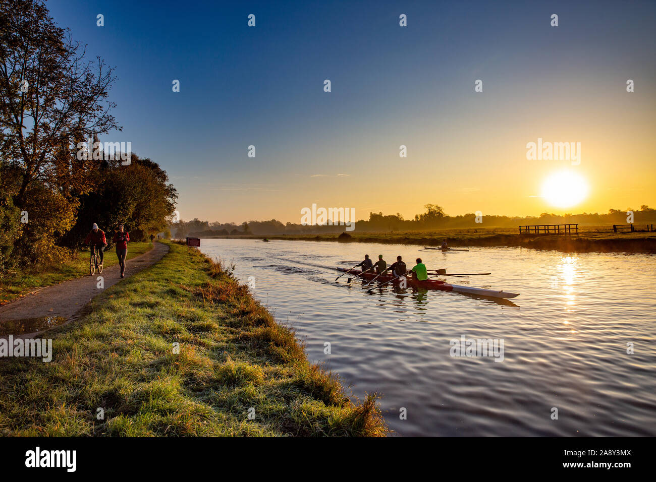Picture dated November 9th shows rowers out on the River Cam in Cambridge at sunrise on a cold frosty Saturday morning. Stock Photo