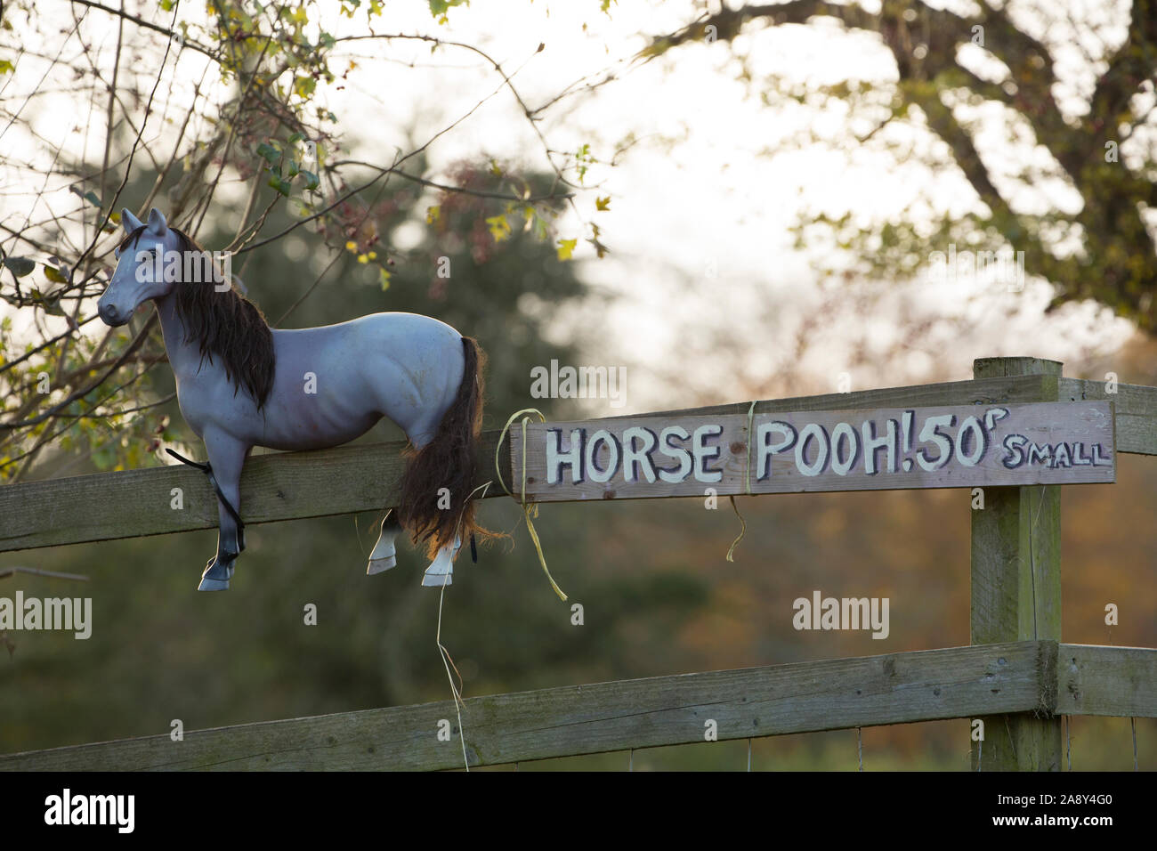 A sign advertising horse manure for sale next to a paddock. Dorset England UK GB Stock Photo