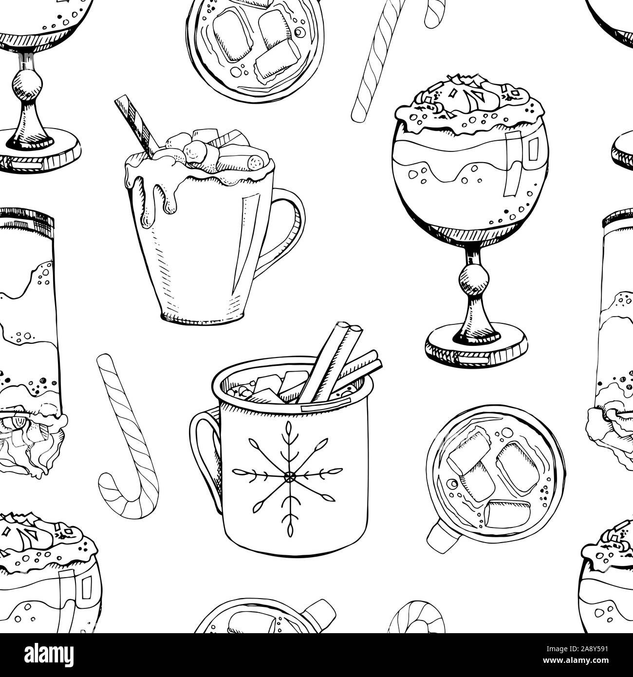 Vector illustration. Hand drawn seamless pattern with hot winter drinks ...