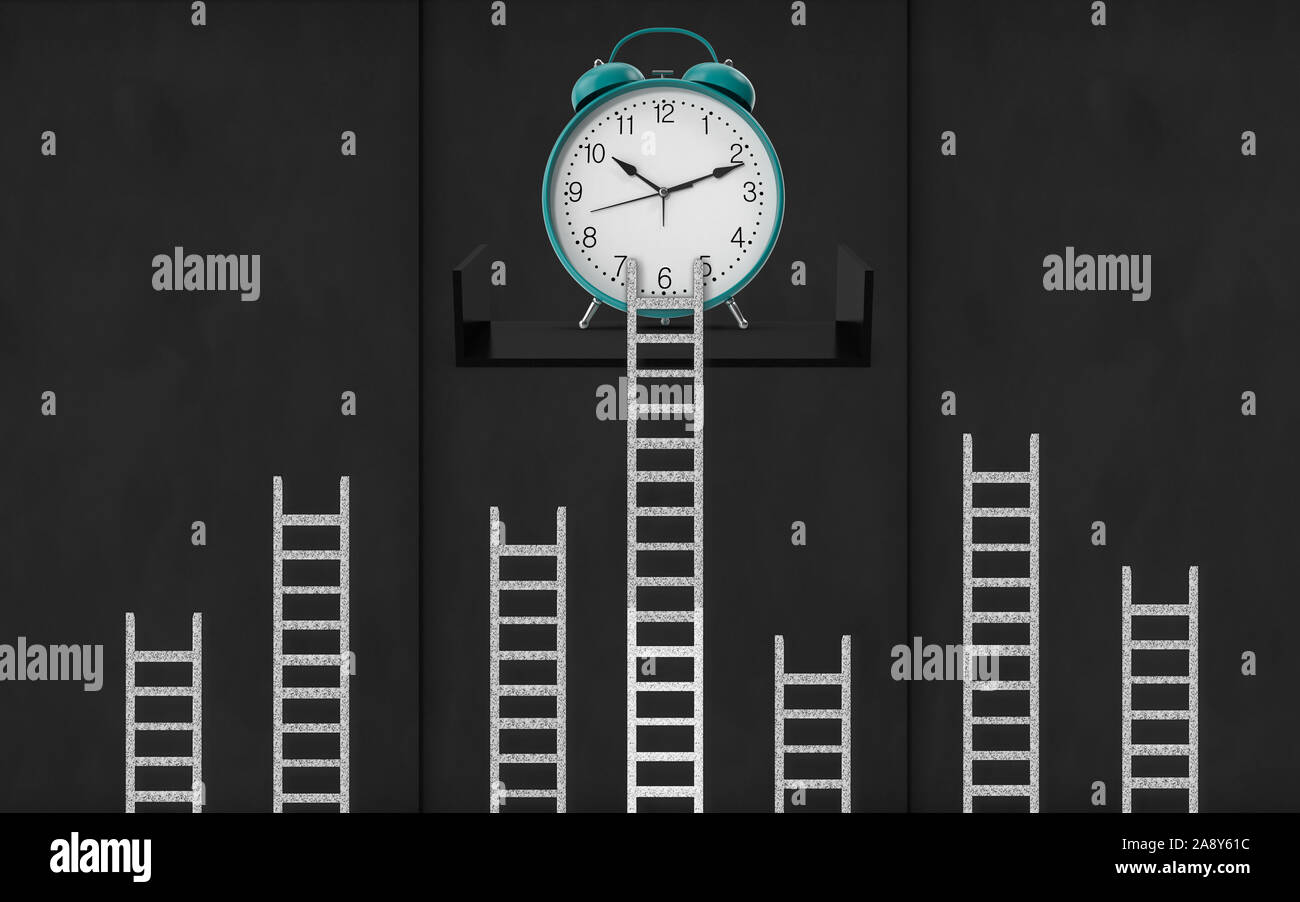 Trying to reach wall clock on top of ladders on blackboard concept ...