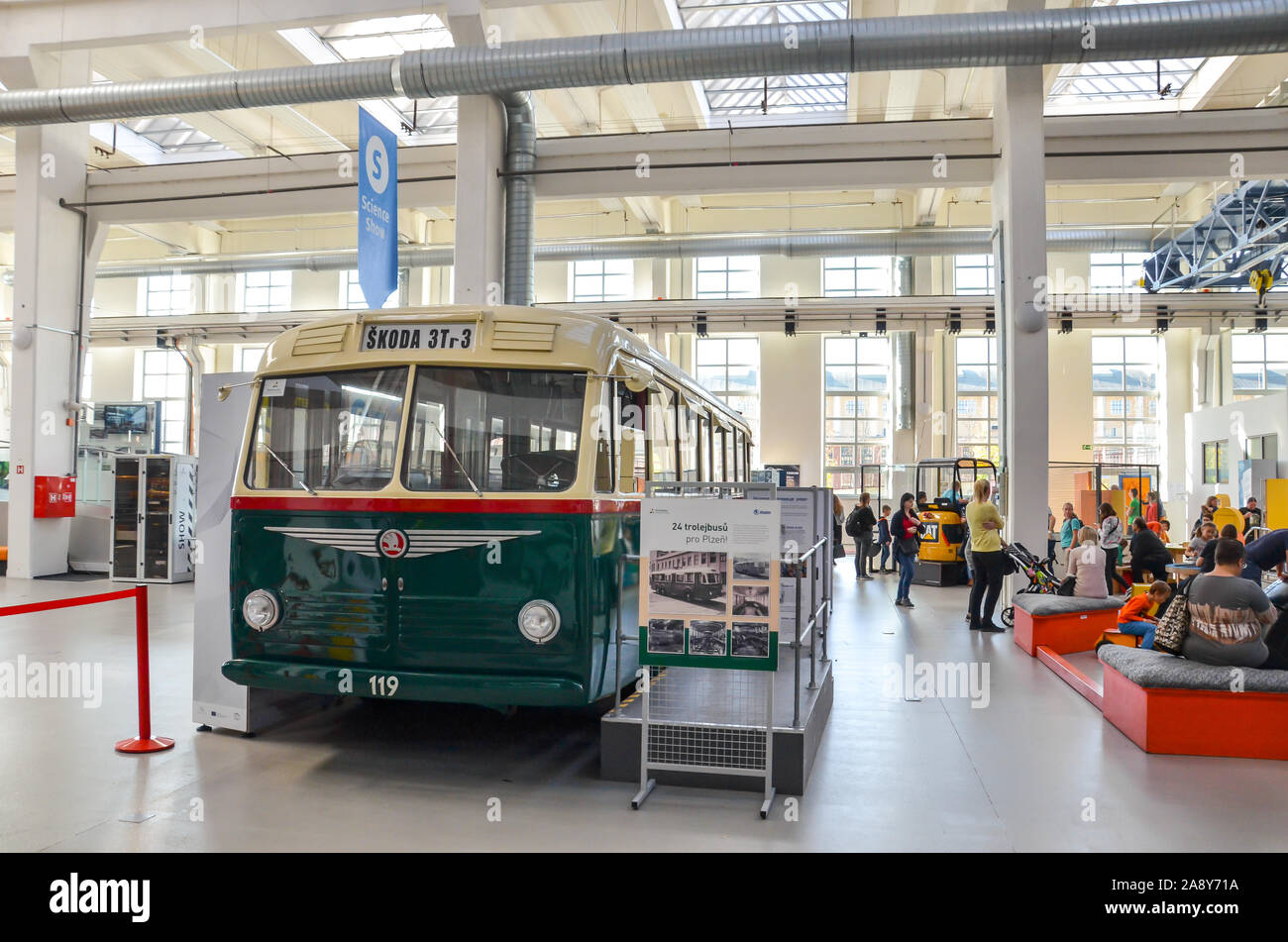 Plzen, Czech Republic - Oct 28, 2019: Interior exhibition in the Techmania Science Center. Old trolleybus as one of the exhibits. Center explaining scientific principles to children by games. Stock Photo