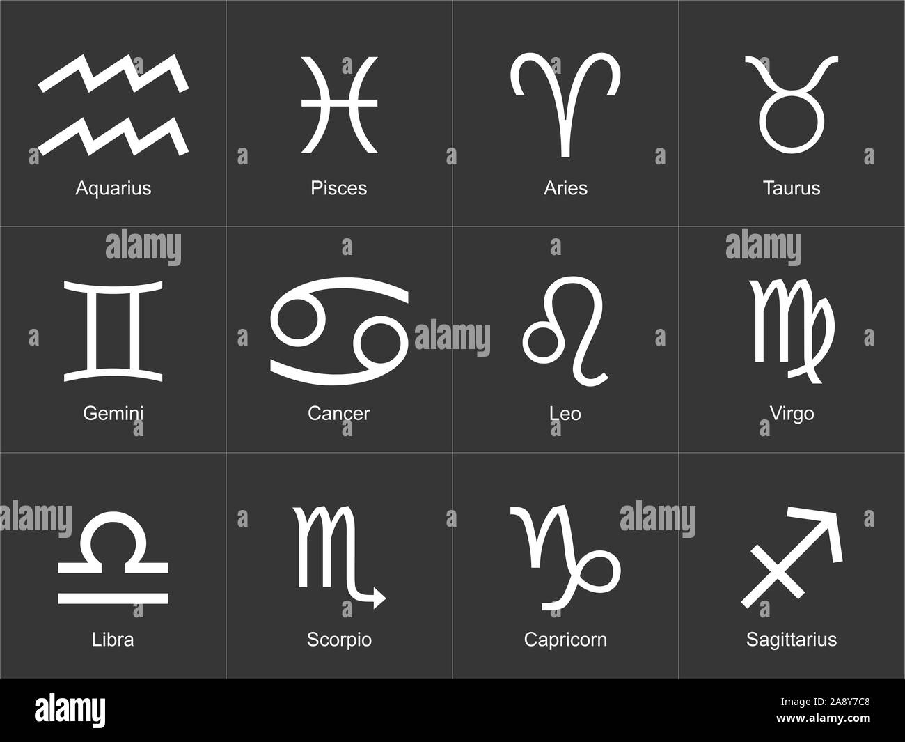 Astrology and horoscopes concept. Astrological zodiac signs 12 set on black background. Stock Photo