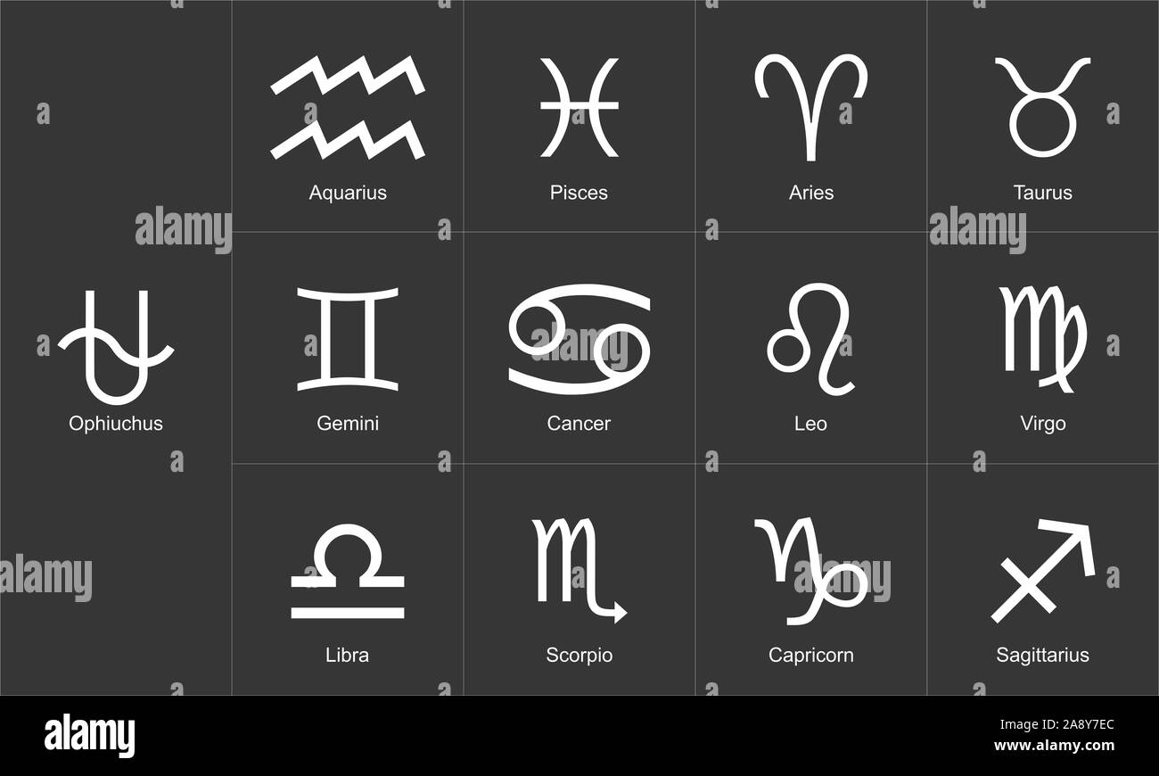 Astrology And Horoscopes Concept Astrological Zodiac Signs 13 Set Including Ophiuchus On Black Background Stock Photo Alamy