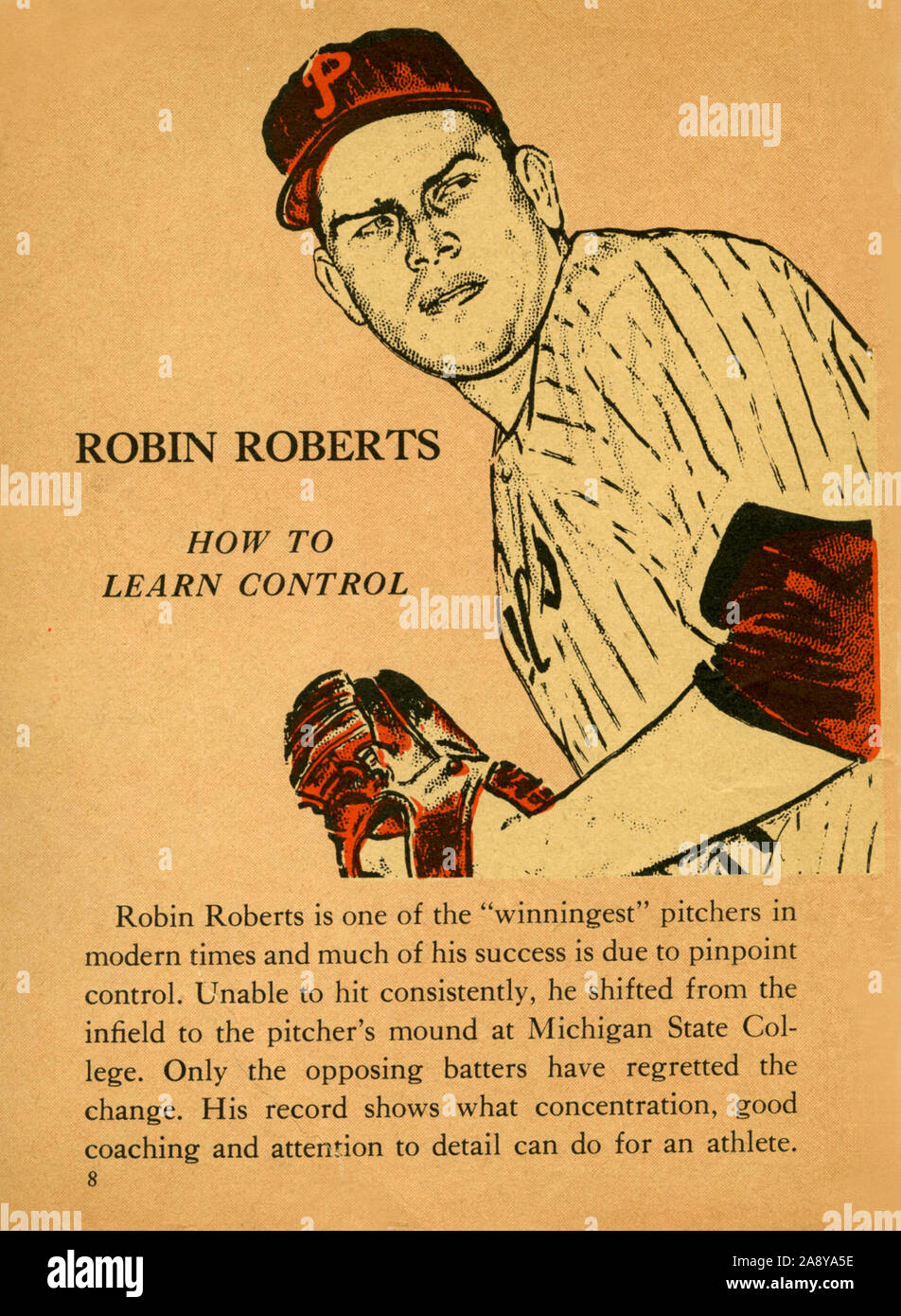 Vintage illustration of baseball player for a pamphlet teaching kids how to play baseball with tips from the pros. Stock Photo
