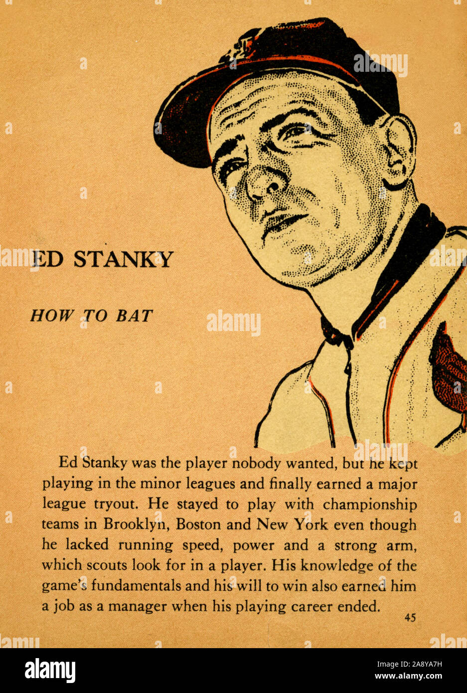 Vintage illustration of baseball player for a pamphlet teaching kids how to play baseball with tips from the pros. Stock Photo