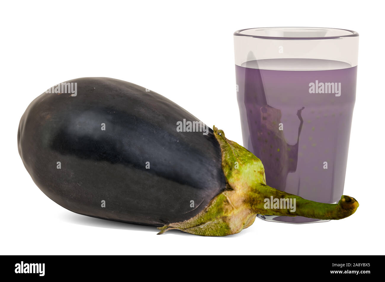 Glass of eggplant juice with aubergines, 3D rendering isolated on white