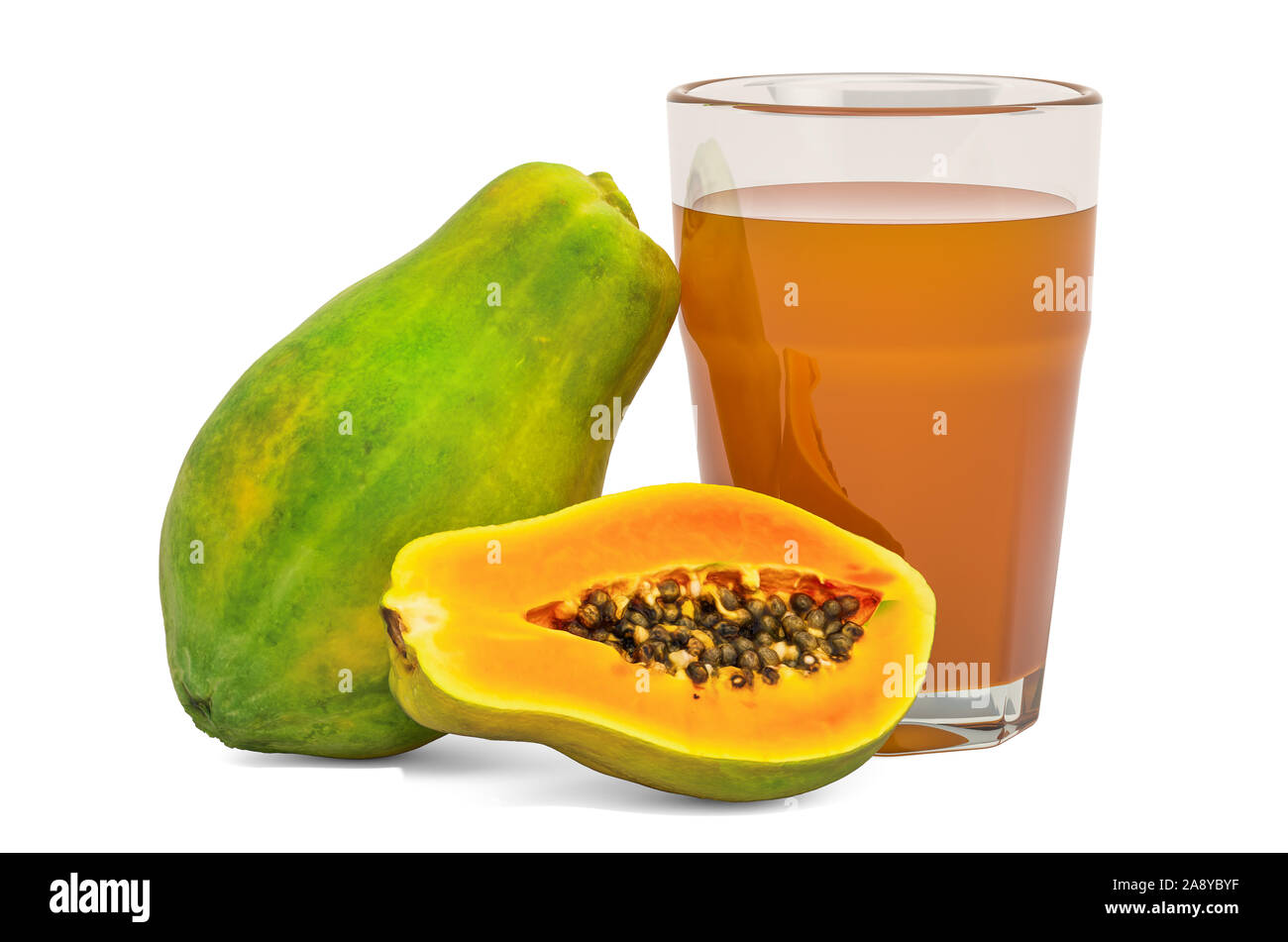 Glass of papaya juice with papaya, 3D rendering isolated on white
