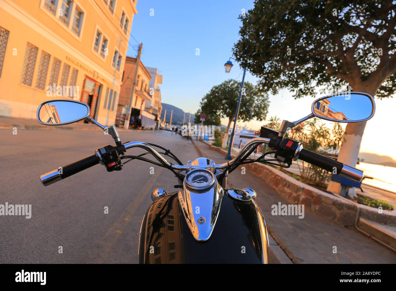Motorcycle chopper on the street, POV view Stock Photo