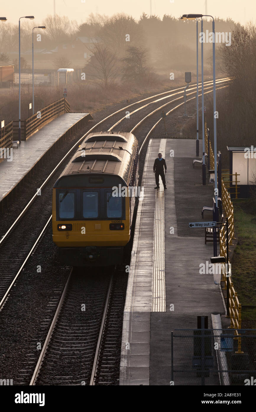 Arriva Northern rail class 142 pacer train at Crowle railway station, Lincolnshire, with the conductor / guard checking the doors Stock Photo