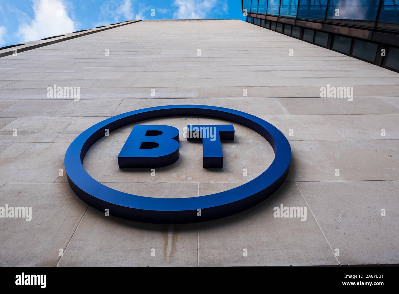 BT Head Office - BT 2019 Corporate Logo & Sign outside the BT Plc Head Office in the BT Centre,  81 Newgate Street in the City of London. BT New Logo Stock Photo