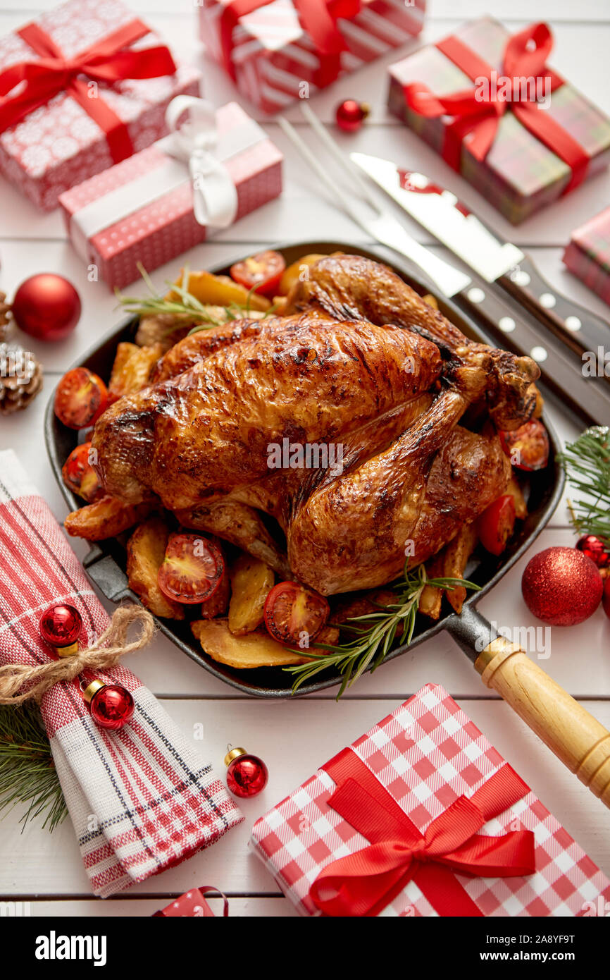 Roasted whole chicken christmas decoration hi-res stock