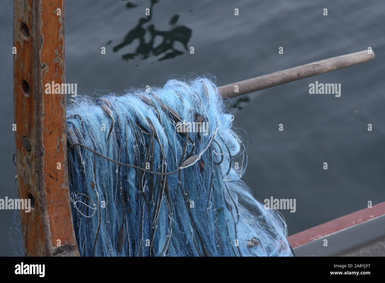 fish net in fishing boat on lake zug Stock Photo