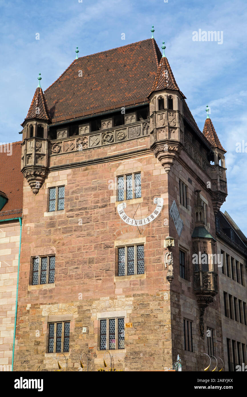 Nassauer Haus in the city of Nuremberg in Germany. The building is a medieval residential tower made of red Burgsandstein - it is the last surviving r Stock Photo