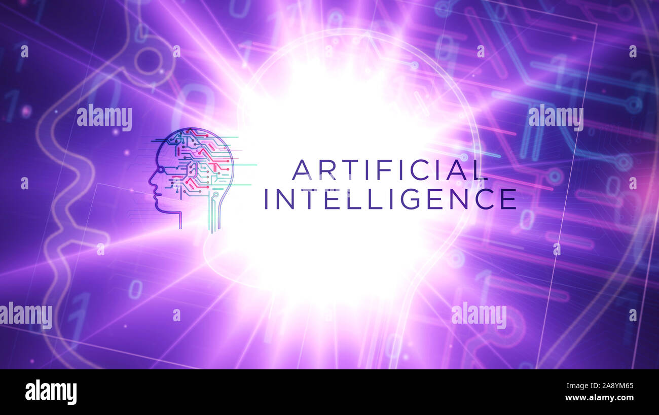 Artificial Intelligence futuristic light sign 3D rendering illustration. Concept of AI, cyber technology, machine learning and cybernetic brain. Stock Photo