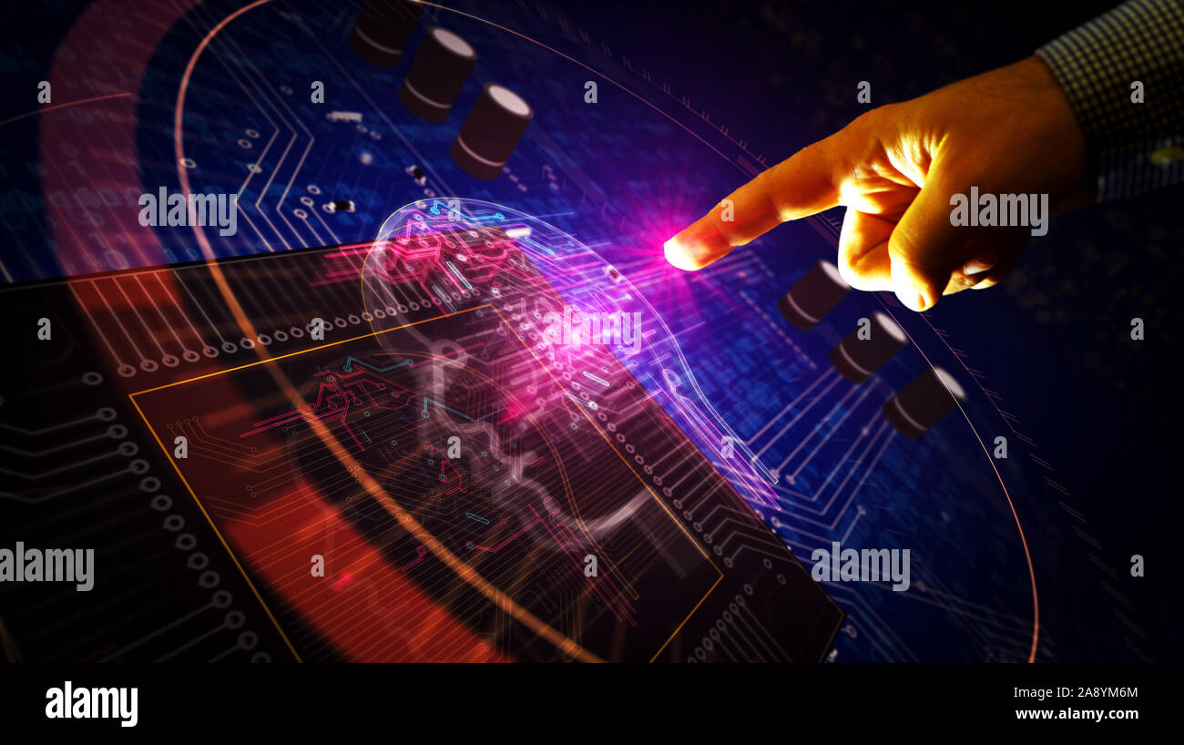 Artificial Intelligence futuristic light sign 3D rendering illustration. Concept of AI, cyber technology, machine learning and cybernetic brain. Hand Stock Photo