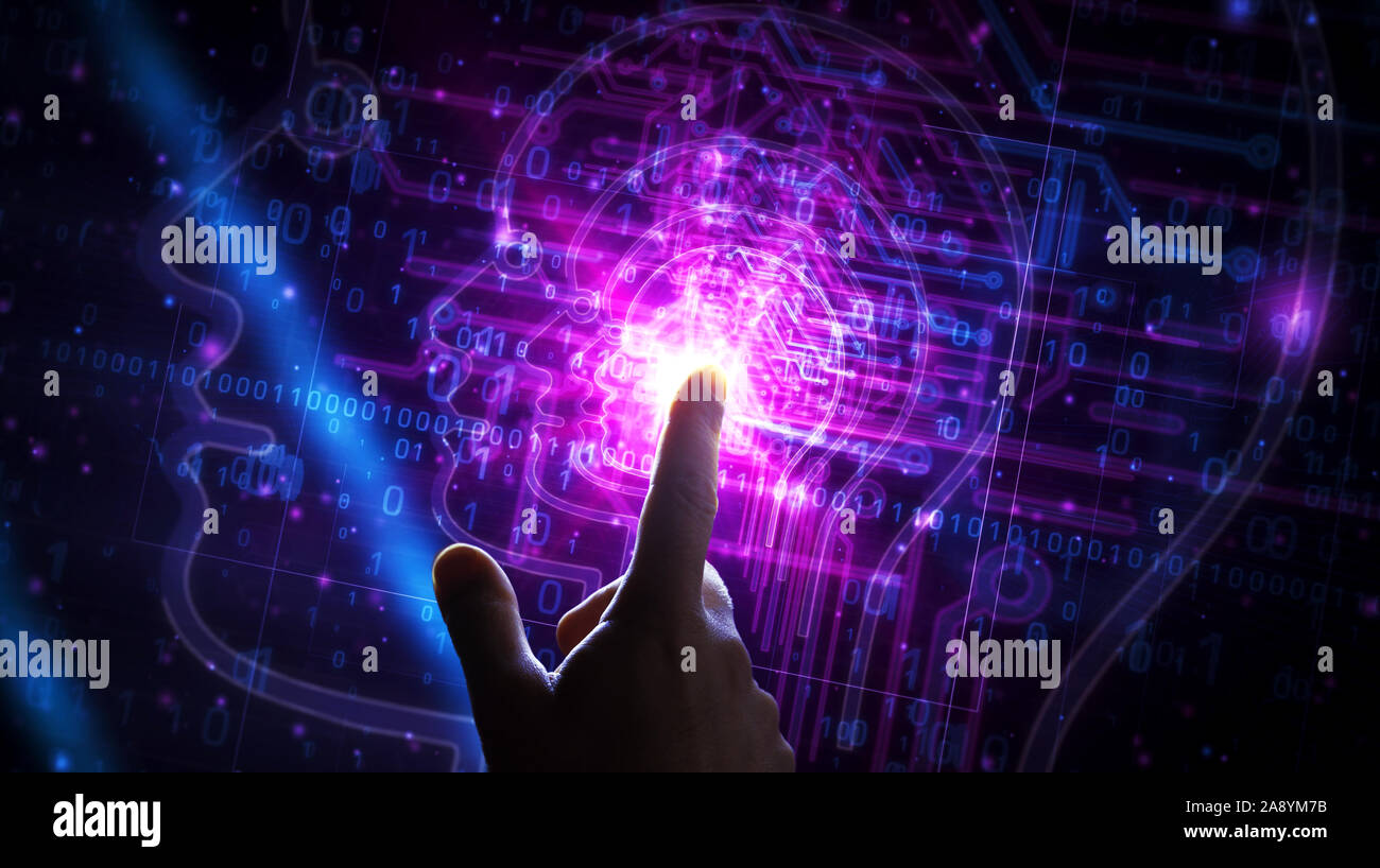 Artificial Intelligence futuristic light sign 3D rendering illustration. Concept of AI, cyber technology, machine learning and cybernetic brain. Hand Stock Photo