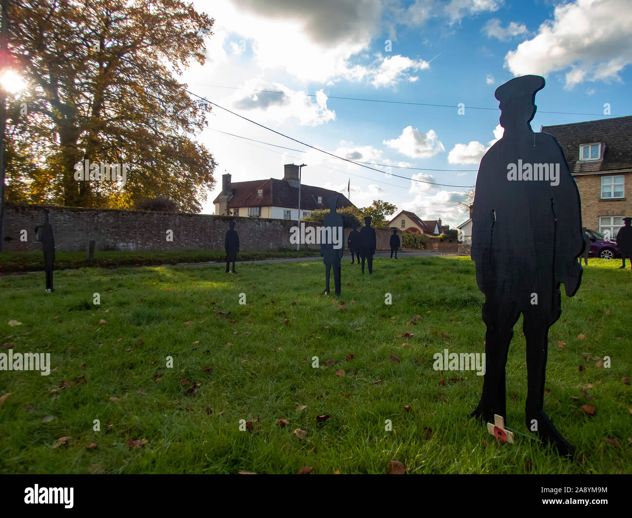 Haughley, Suffolk / UK - November 2019: The 'Haughley Lads' are wooden silhouettes to remember the men of the village who went to war and never return Stock Photo