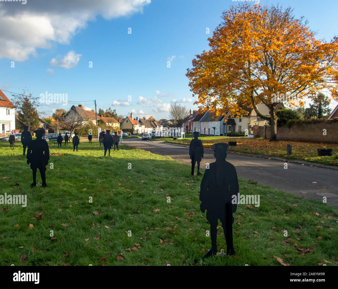 Haughley, Suffolk / UK - November 2019: The 'Haughley Lads' are wooden silhouettes to remember the men of the village who went to war and never return Stock Photo