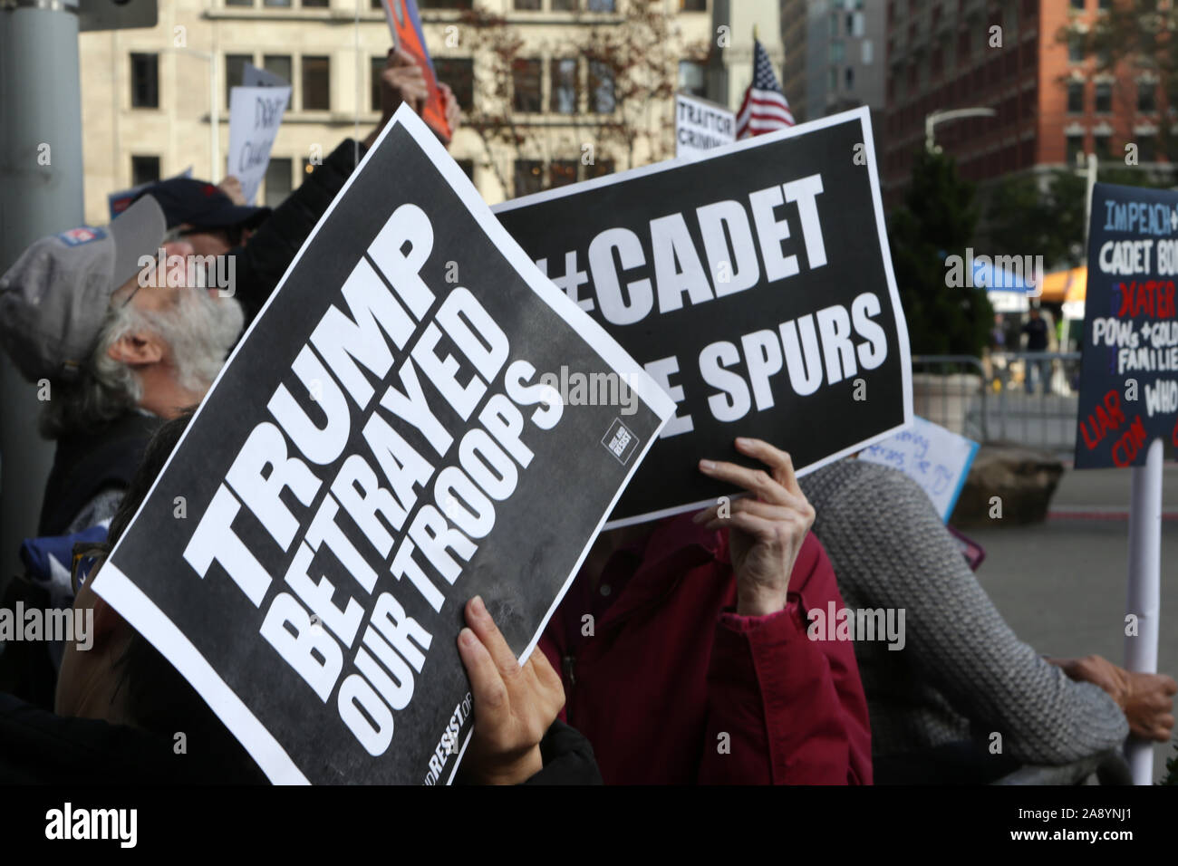 New York, New York, USA. 11th Nov, 2019. Anti-Trump Demonstrater attends the New York City 100th Veterans Day Parade held along 5th Avenue on November 11, 2019 in New York City. Credit: Mpi43/Media Punch/Alamy Live News Stock Photo