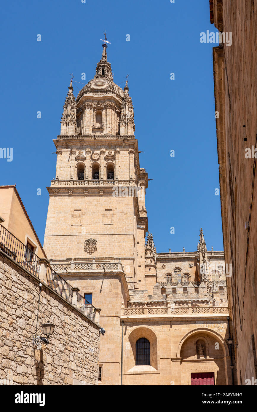 Exterior view of the bell tower and carvings on the roof of the old Cathedral in Salamanca Stock Photo