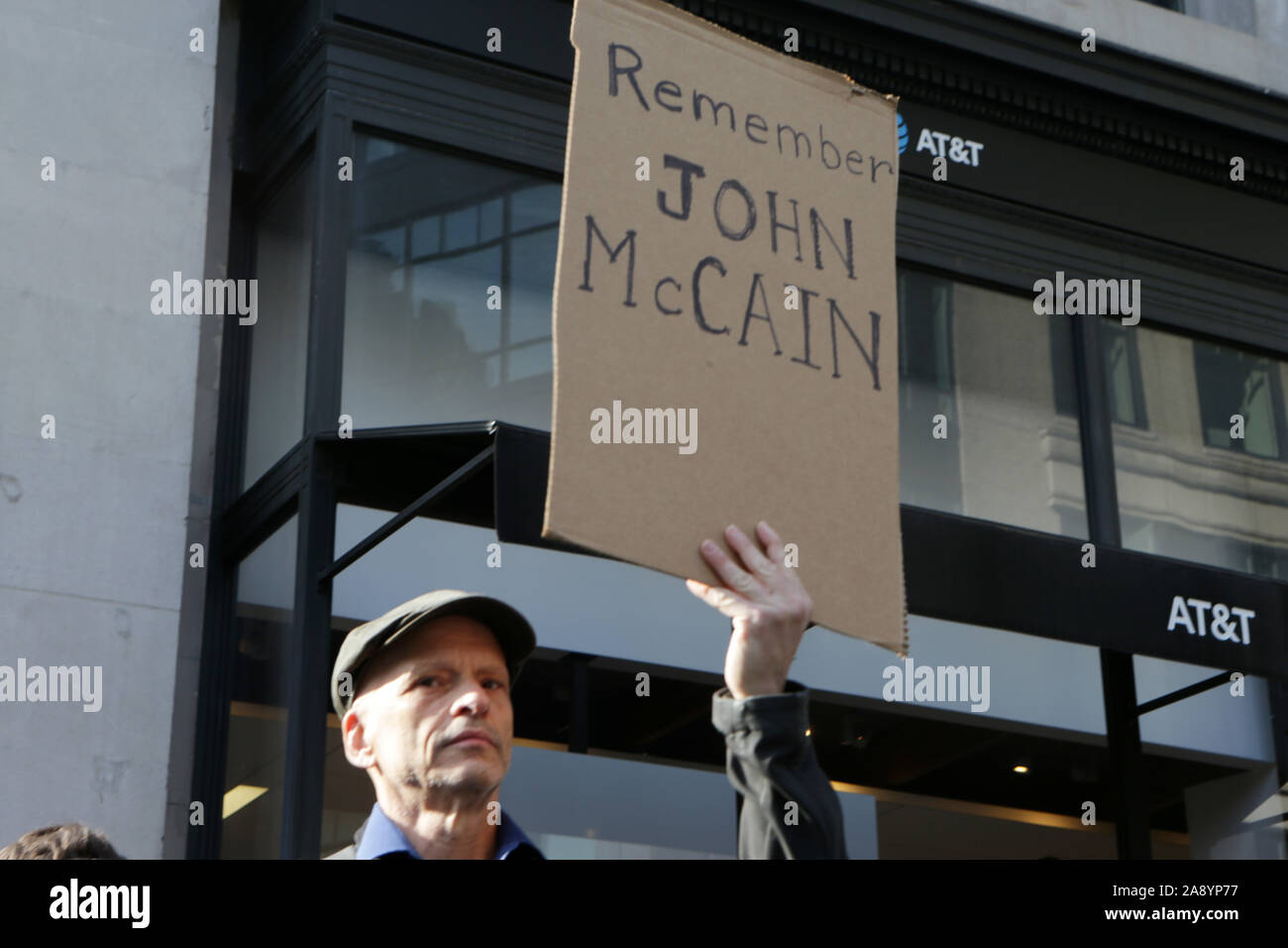 New York, New York, USA. 11th Nov, 2019. Anti-Trump Demonstrater attends the New York City 100th Veterans Day Parade held along 5th Avenue on November 11, 2019 in New York City. Credit: Mpi43/Media Punch/Alamy Live News Stock Photo