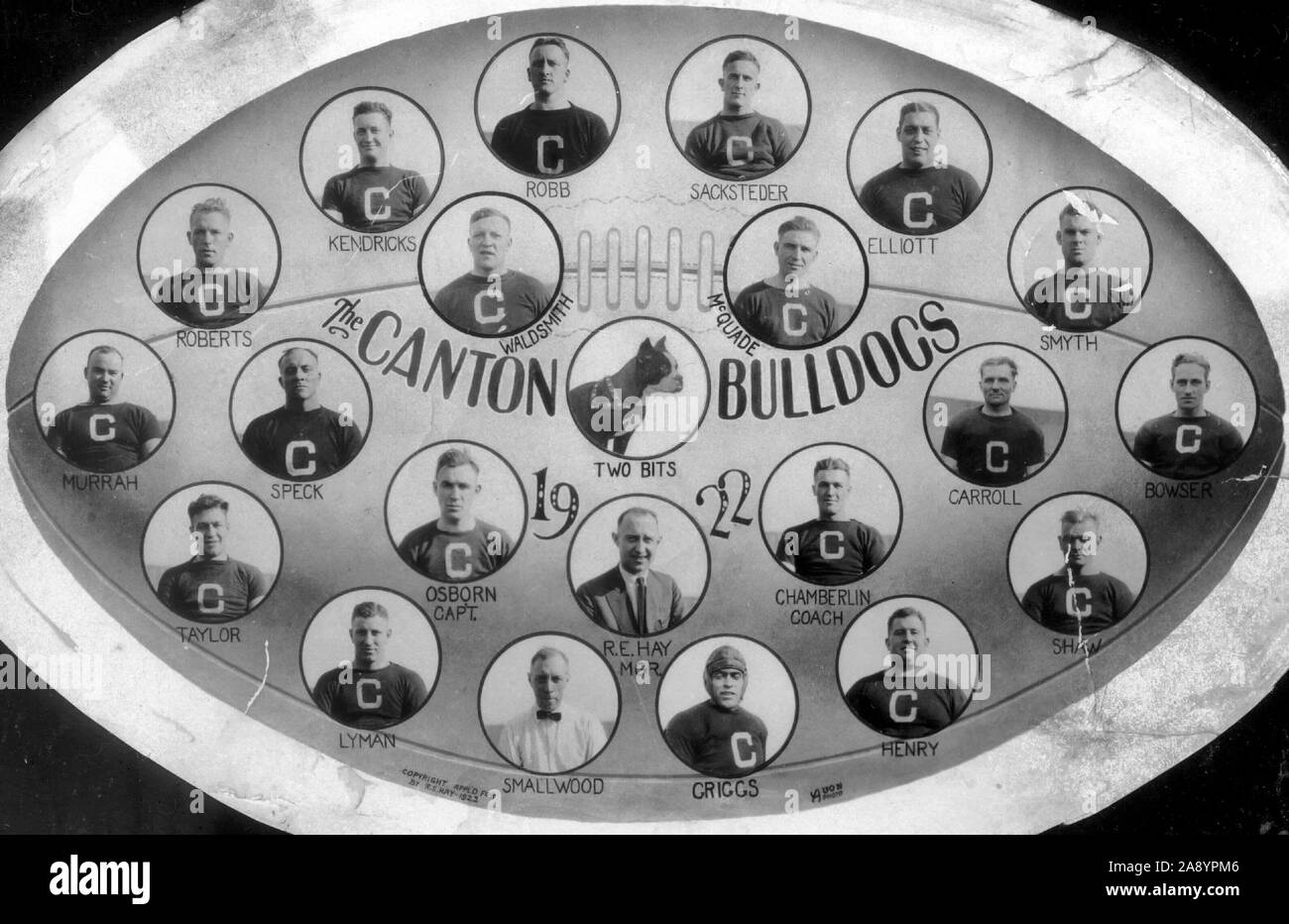 A card depicting the Canton Bulldogs football players, 1922 NFL champions. Stock Photo