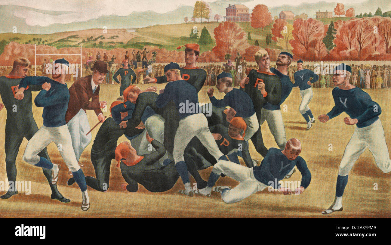 The first intercollegiate championship football game held in America between Yale and Princeton, Yale winning by a score of 2 to 0, having kicked two goals. -  Print shows a late 19th century college football game between Yale University and Princeton University; it has more the appearance of a brawl than an organized sporting event. Spectators line the side of the field in the background and the trees are glowing with autumn color. The St. George Cricket Field in Hoboken, New Jersey. Thanksgiving Day, November 1876. Stock Photo