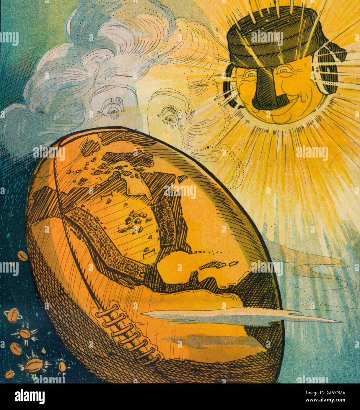 The college world - Illustration shows the sun wearing a football helmet, beaming rays onto a football shaped planet that shows a stadium with fans in the grandstands and a football game in progress; also shows, in the background, an outline of a young woman's head. Political Cartoon, 1906 Stock Photo