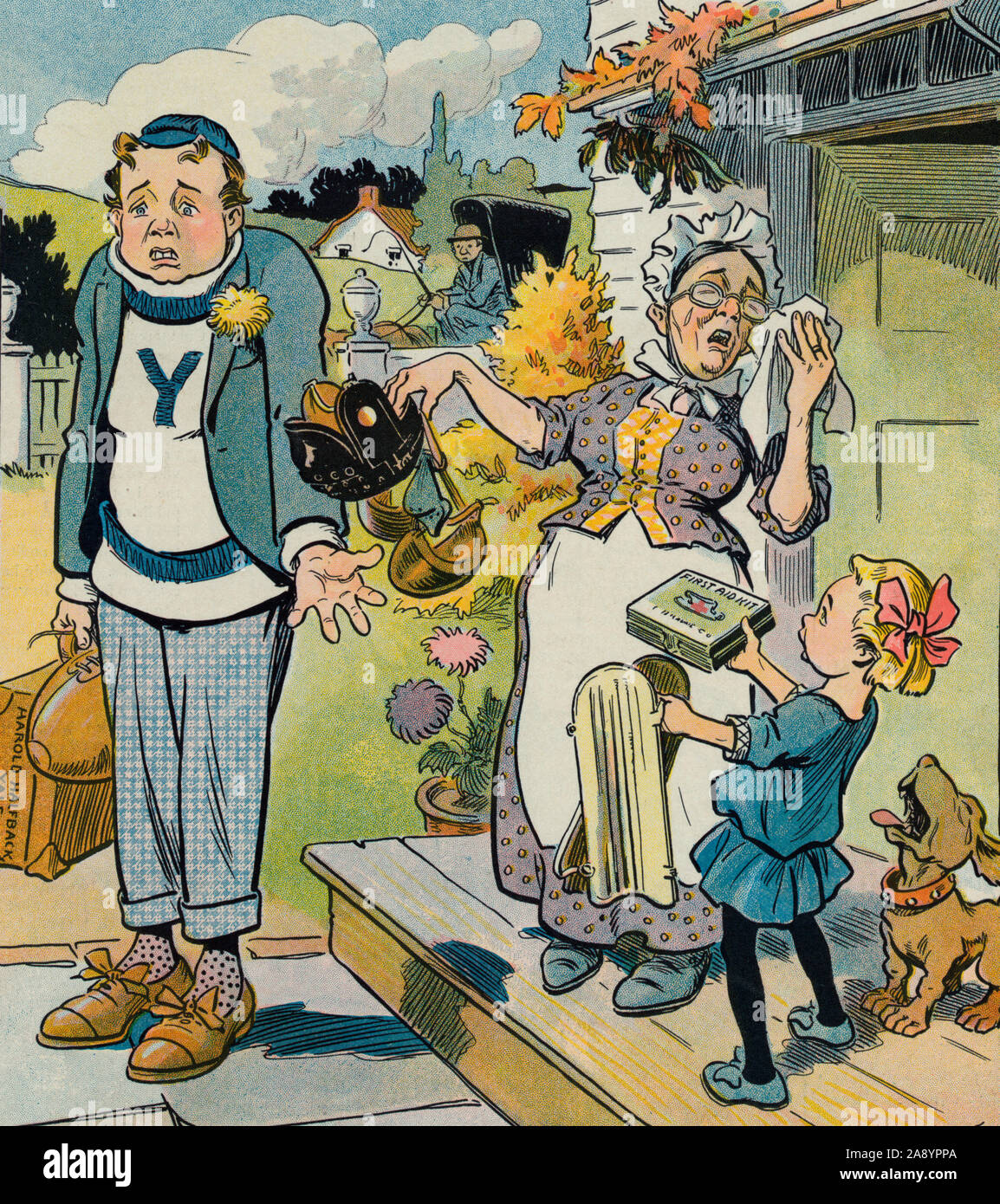 When duty calls -  Illustration shows a scene at the front door step of a house, with a young man headed for college, he is wearing a sweater with a large 'Y' on it and is carrying a suitcase labeled 'Harold Halfback Yale' and a football; his sobbing mother hands him a football helmet and shoulder-pads, and a little girl hands him a 'First Aid Kit' and shin-guards. There is a dog standing with the mother and sister, it too is crying. In the background, a man, sitting in a small horse-drawn carriage, waits for the young man to finish his goodbyes. Cartoon, September 1913 Stock Photo