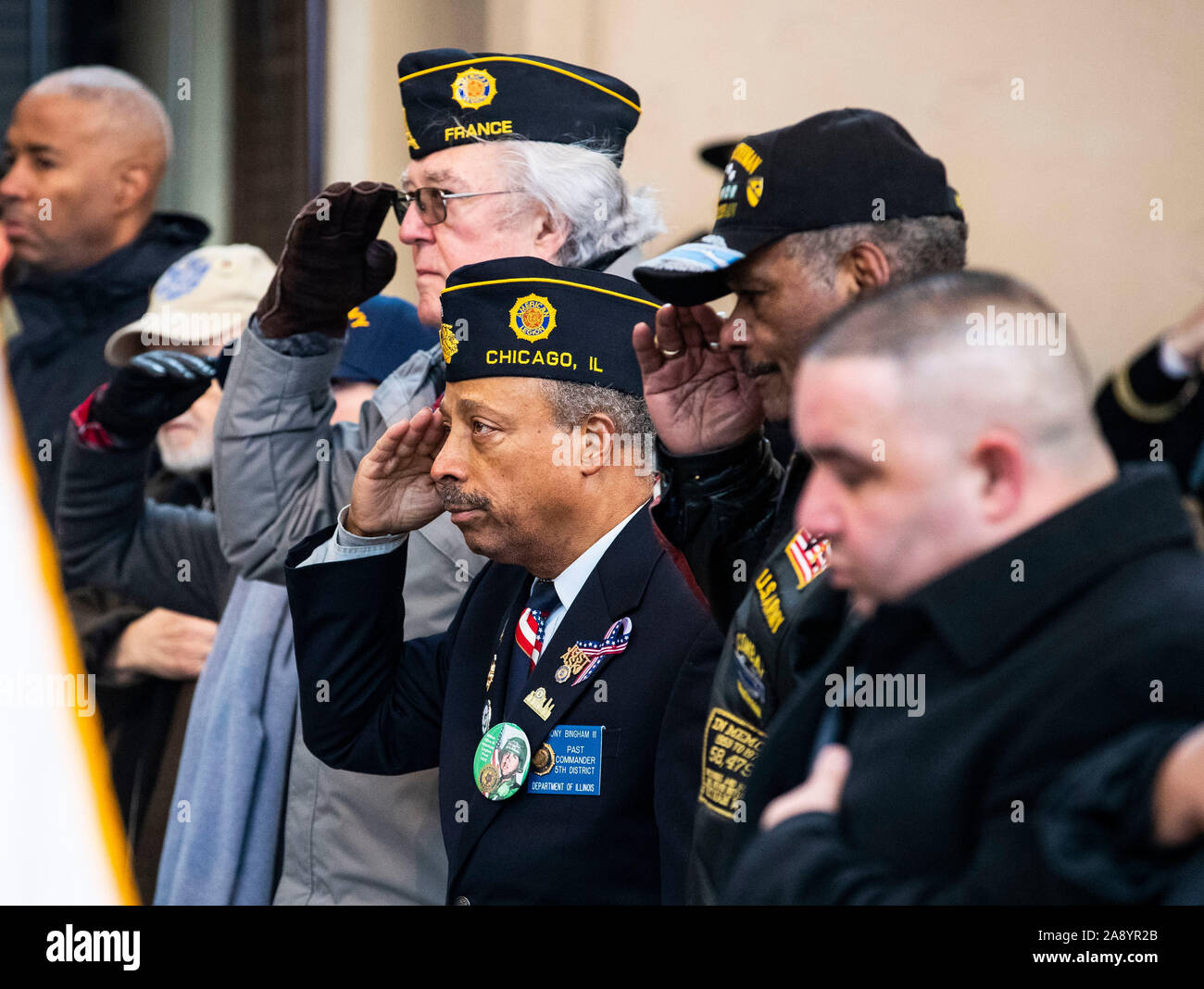 Chicago, USA. 11th Nov, 2019. Veterans salute during the Chicago Veterans Day Observance in Chicago, the United States, on Nov. 11, 2019. Credit: Joel Lerner/Xinhua/Alamy Live News Stock Photo