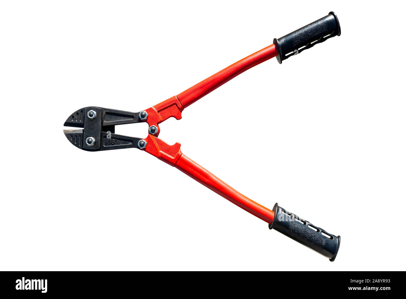 Large 18-inch bolt cutters in red, isolated on a white background with a clipping path. Stock Photo
