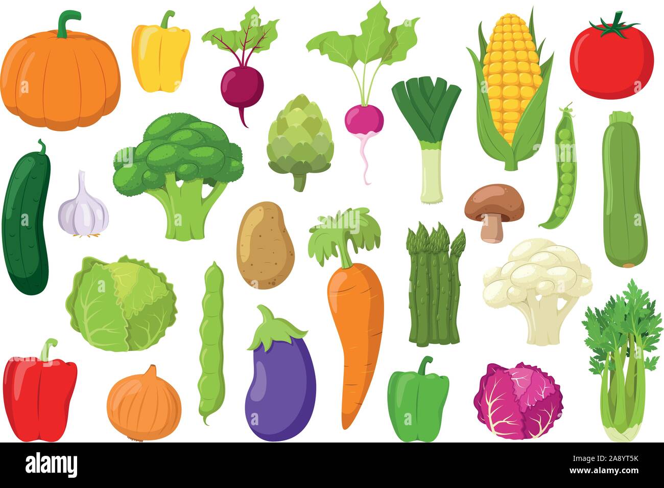 Vegetables Collection: Set of 26 different vegetables in cartoon style Vector illustration Stock Vector