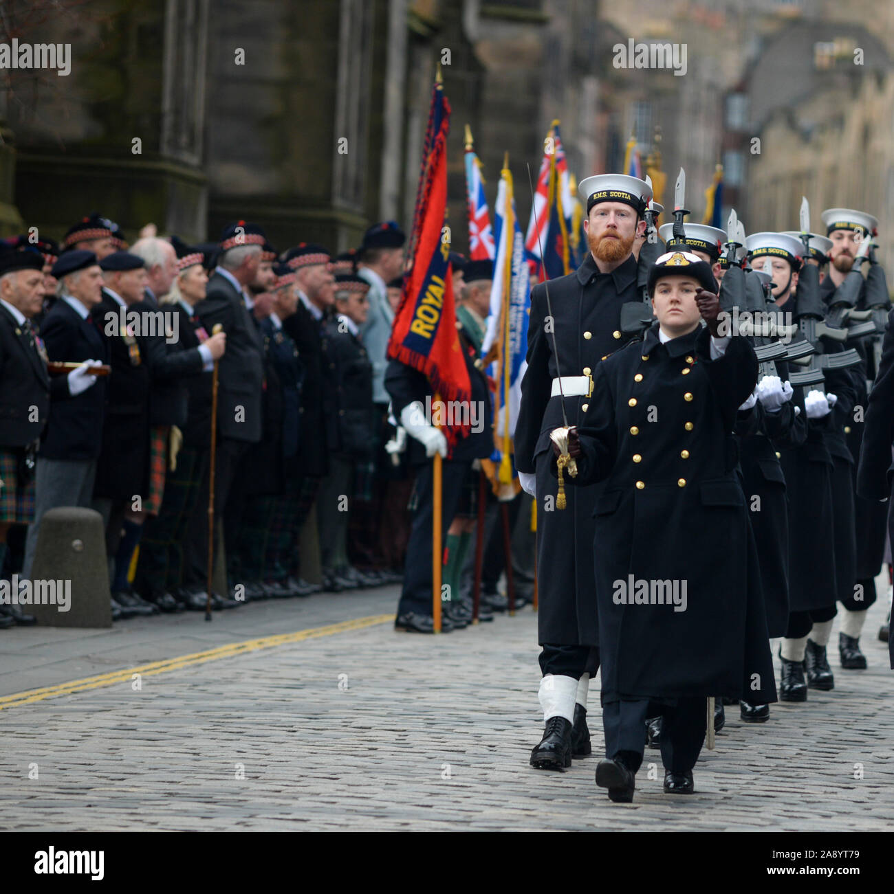 Royal Navy Reservists during Remembrance Sunday parade in Edinburgh on the Royal Mile. Stock Photo