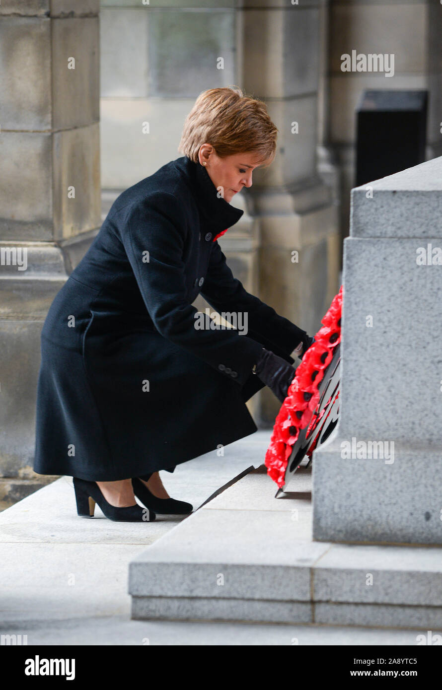 Nicola Sturgeon, First Minister of Scotland laying a Poppy Wreath during Remembrance Day in Edinburgh Stock Photo