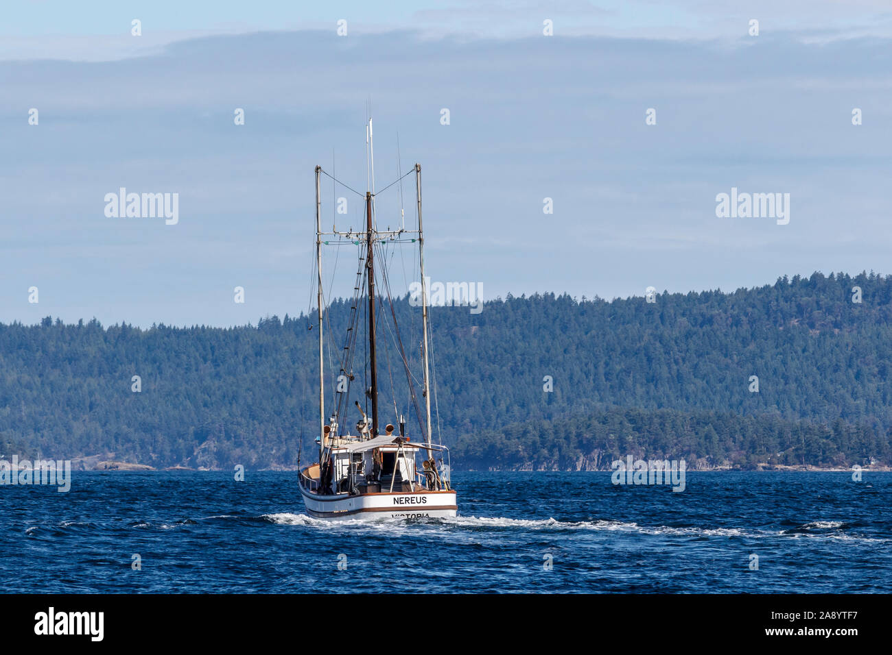A former commercial fishing vessel that has been converted to a pleasure boat is underway in British Columbia's Gulf Islands (viewed from the stern). Stock Photo