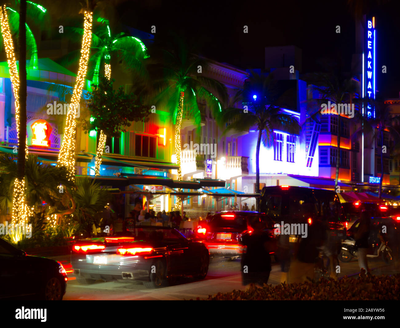 Miami, Florida, USA. August 2019. Ocean Drive neon at night on a saturday night. Long exposure Stock Photo