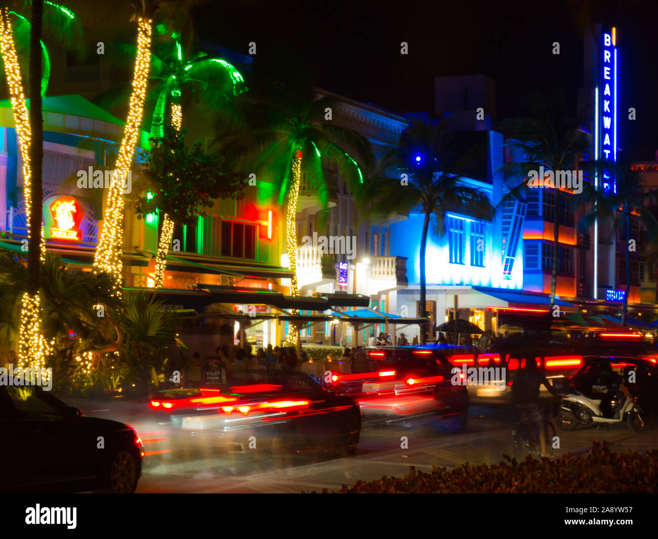 Miami, Florida, USA. August 2019. Ocean Drive neon at night on a saturday night. Long exposure Stock Photo