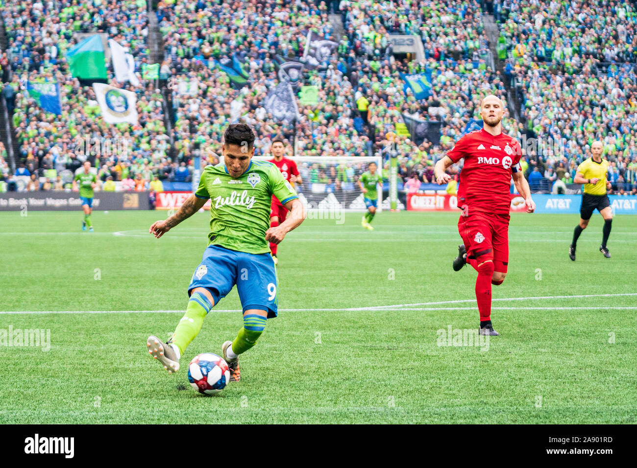 Seattle Sounders forward Raul Ruidiaz (9) during the MLS Cup Championship game between the Seattle Sounders and Toronto FC at CenturyLink Field on Sunday November 10, 2019 in Seattle, WA. Jacob Kupferman/CSM Stock Photo