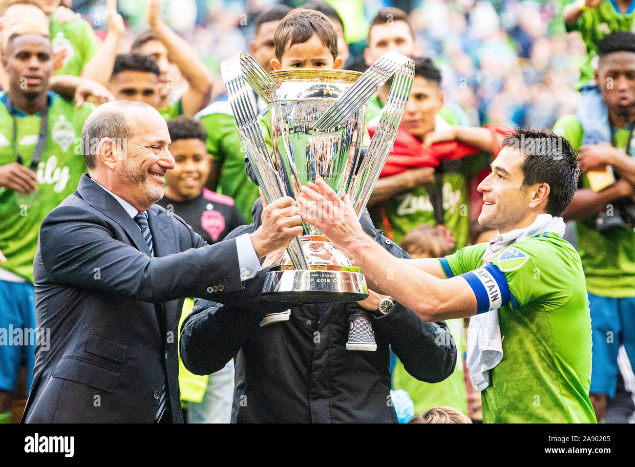 Seattle Sounders midfielder Nicolas Lodeiro (10) accepts the trophy after the MLS Cup Championship game between the Seattle Sounders and Toronto FC at CenturyLink Field on Sunday November 10, 2019 in Seattle, WA. Jacob Kupferman/CSM Stock Photo