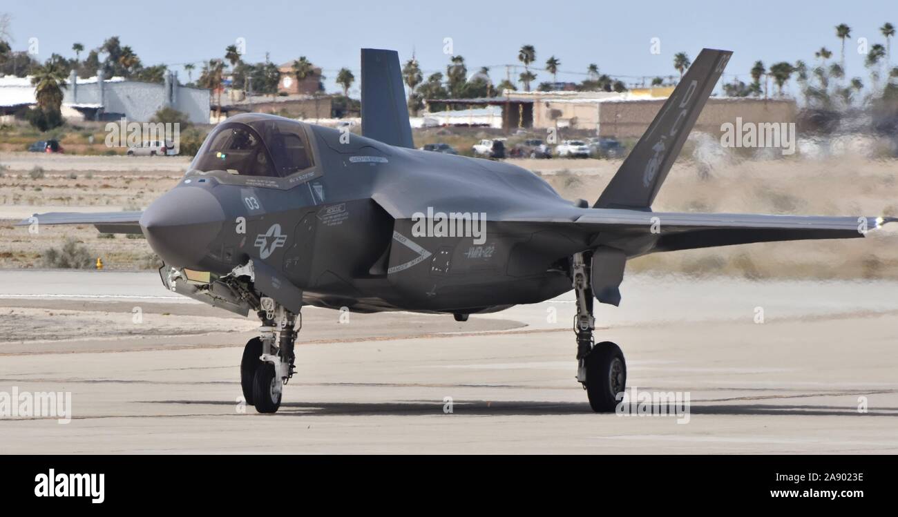 A Marine Corps F-35B Joint Strike Fighter (Lightning II) taxiing on the runway at MCAS Yuma. Stock Photo