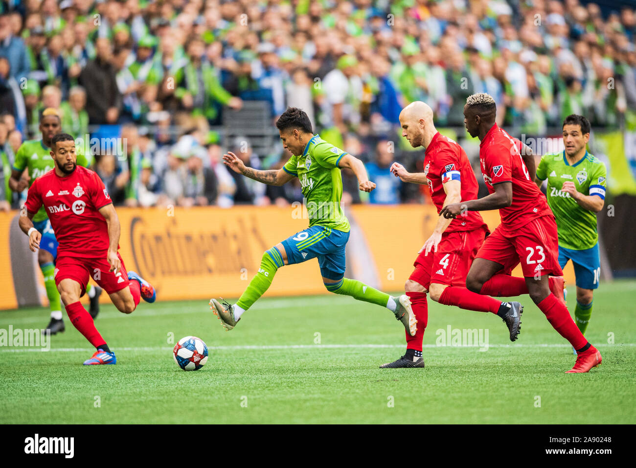 Seattle Sounders forward Raul Ruidiaz (9) during the MLS Cup Championship game between the Seattle Sounders and Toronto FC at CenturyLink Field on Sunday November 10, 2019 in Seattle, WA. Jacob Kupferman/CSM Stock Photo