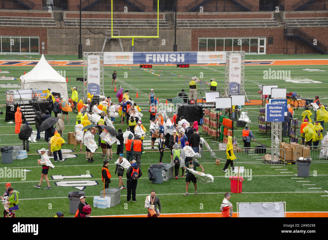 The finish line of the 2016 Illinois Marathon at Memorial Stadium in Champaign, Illinois Stock