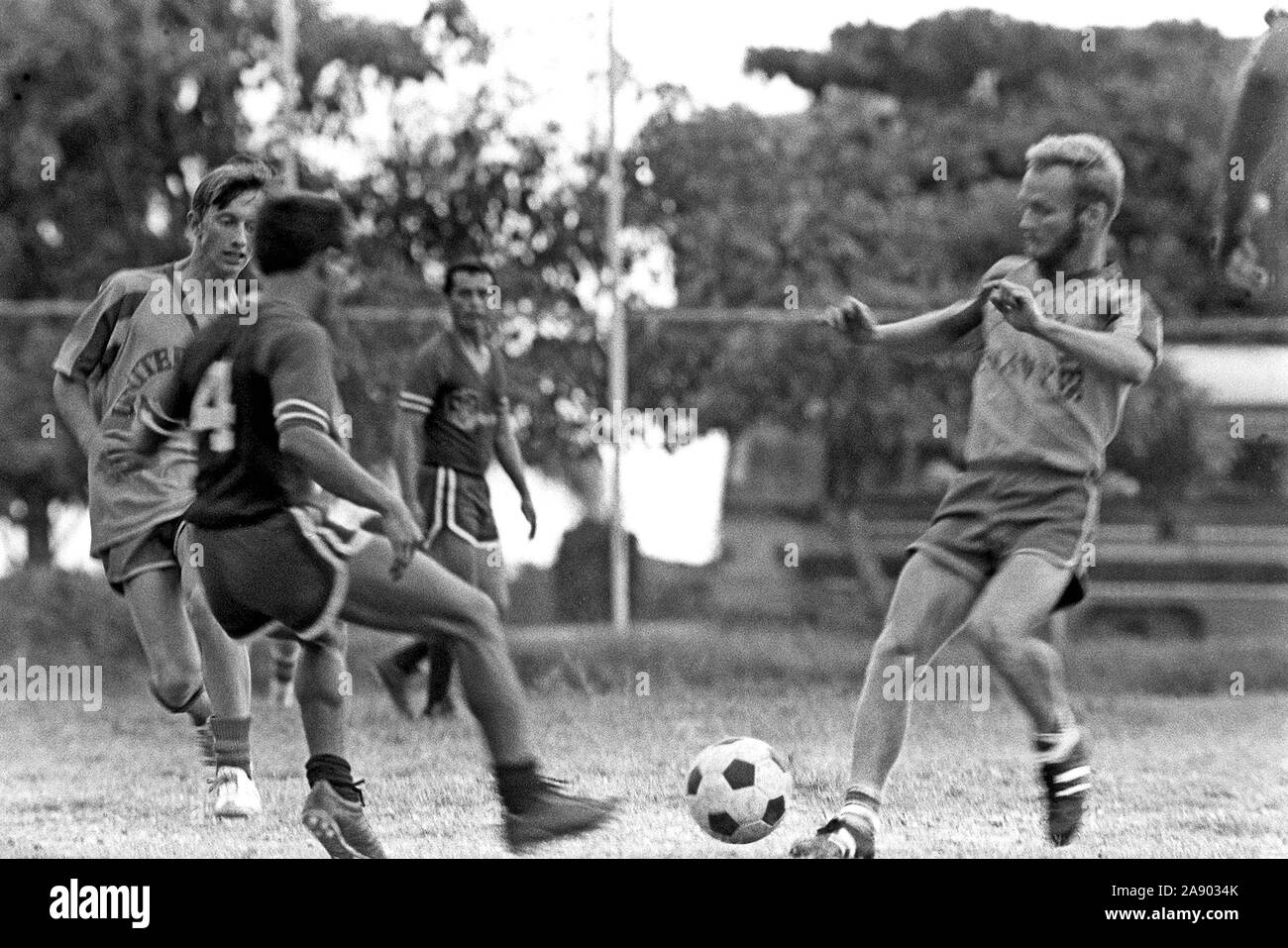 1979 - Crewmen participating in exercise Unitas XX play a soccer game with  Colombians during a port visit Stock Photo - Alamy