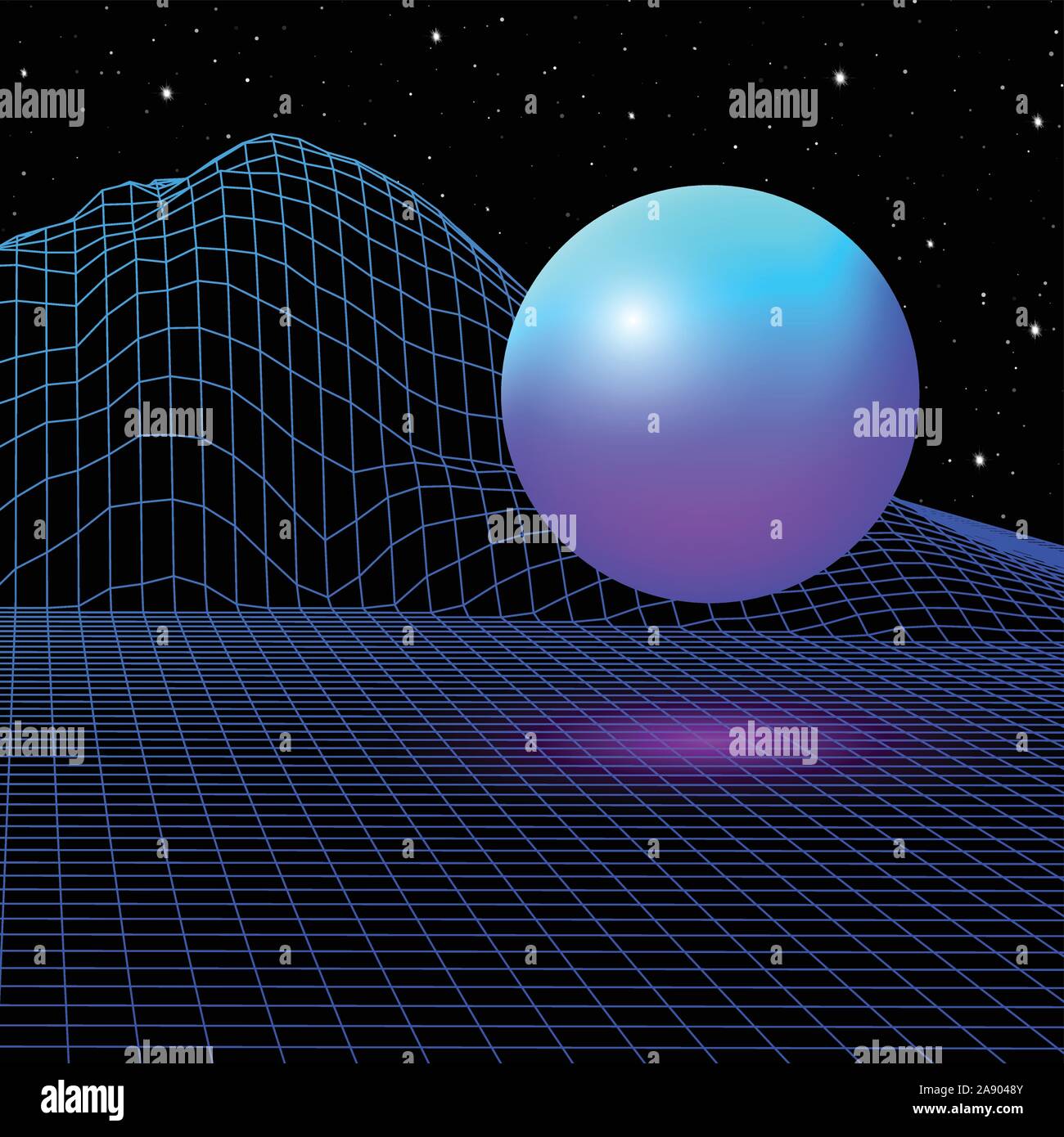 Landscape with wireframe grid of 80s styled retro computer game or ...