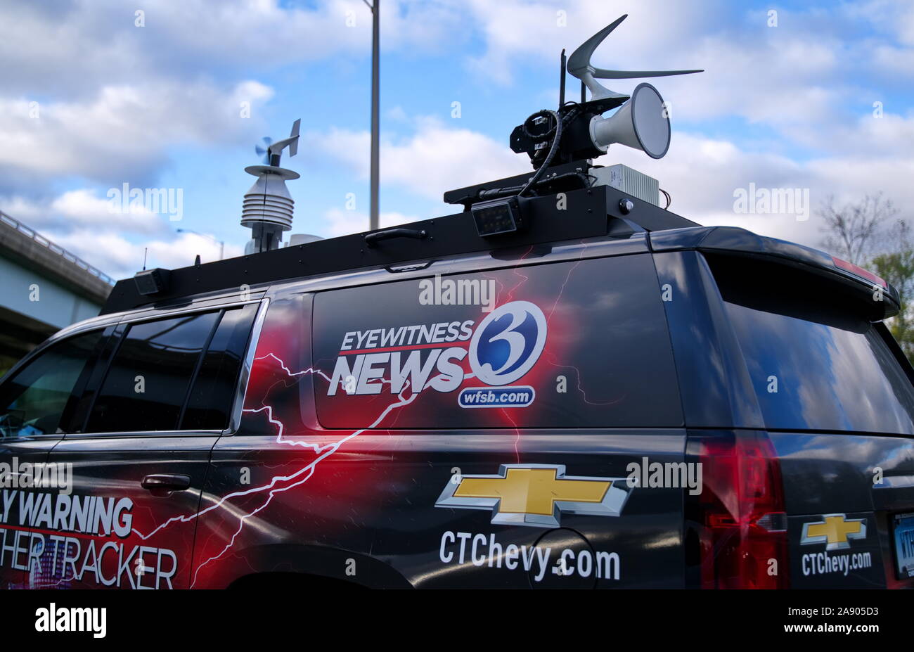 Hartford, CT USA. Oct 2019. WFSB Early Warning Weather Tracking Vehicle covering real time weather tracking and reporting. Stock Photo