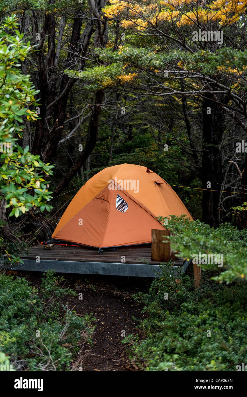Camping tent in Torres del Paine, Patagonia - Chile. Stock Photo