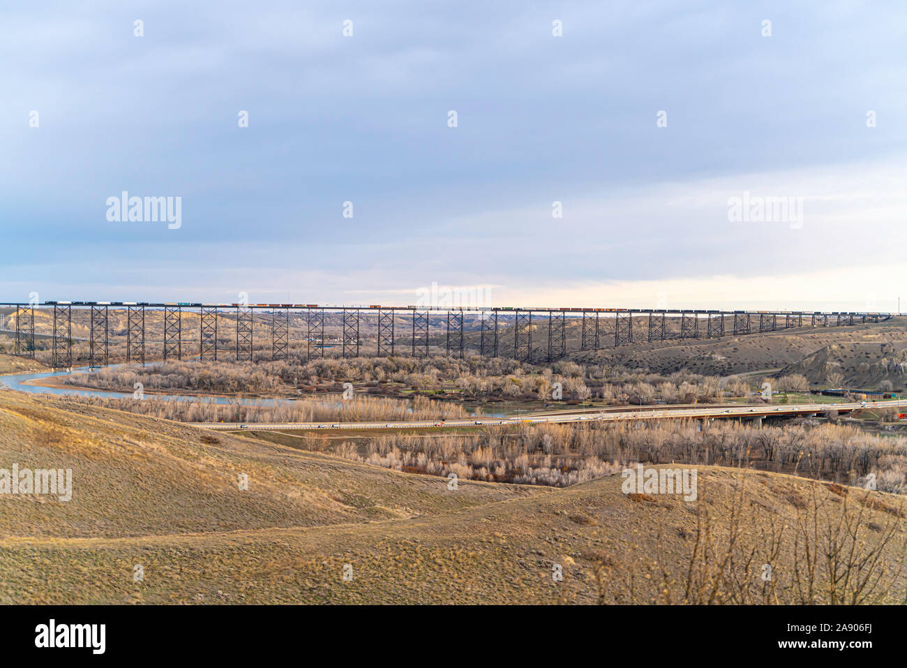 High Level Railway Bridge in Lethbridge with a train on top Stock Photo ...